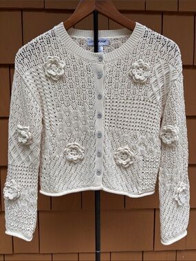 COTTON EMPORIUM | Ivory Patchwork Knit Cardigan Floral Crochet Applique | Size M
